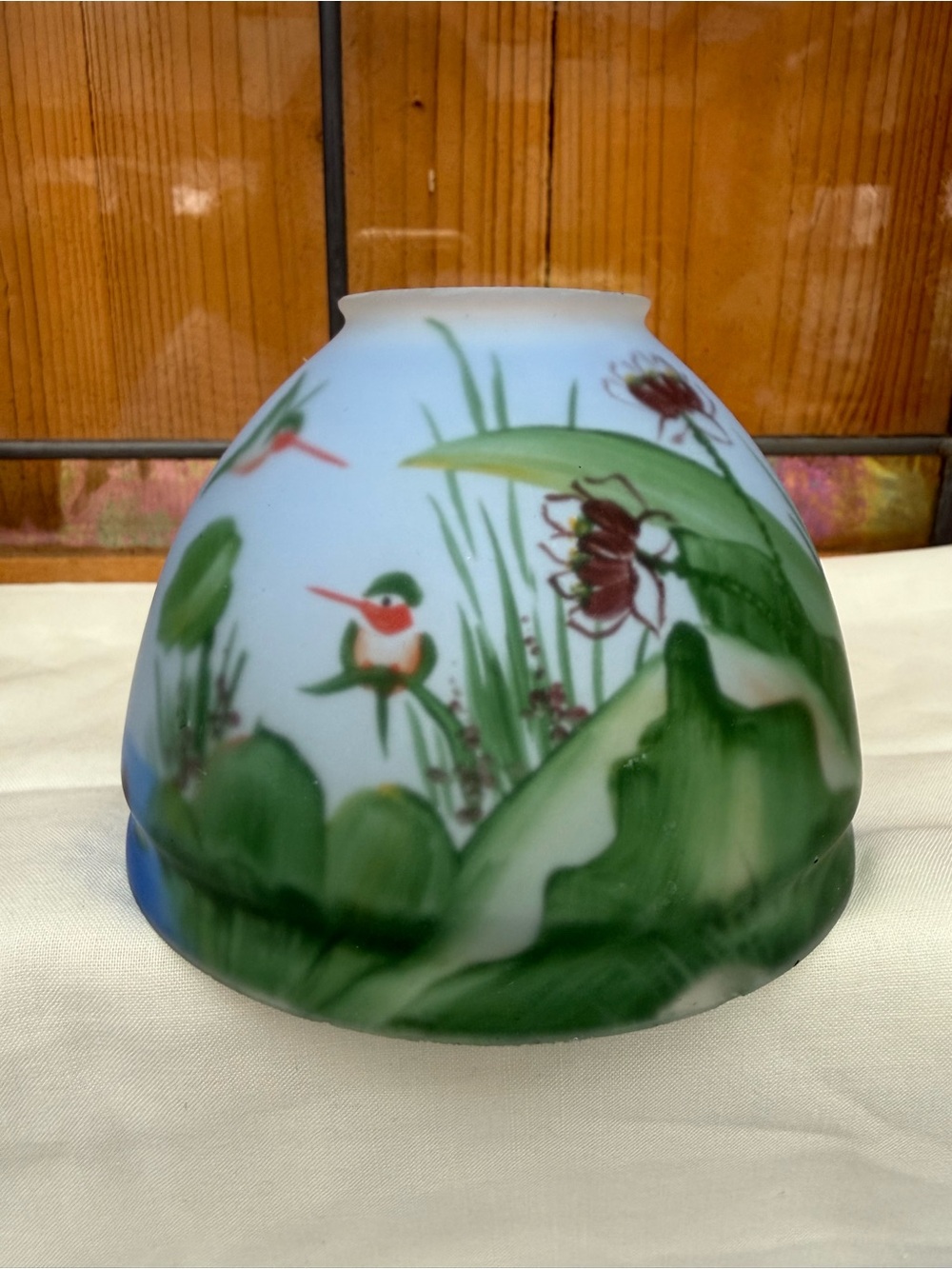 Vintage Reverse Painted Frosted Glass Fairy Lamp Shade Hummingbirds Art Glass
